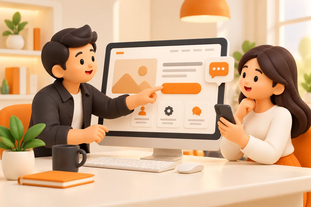 Dos profesionales en 3D revisan una página web y su contacto desde un celular
