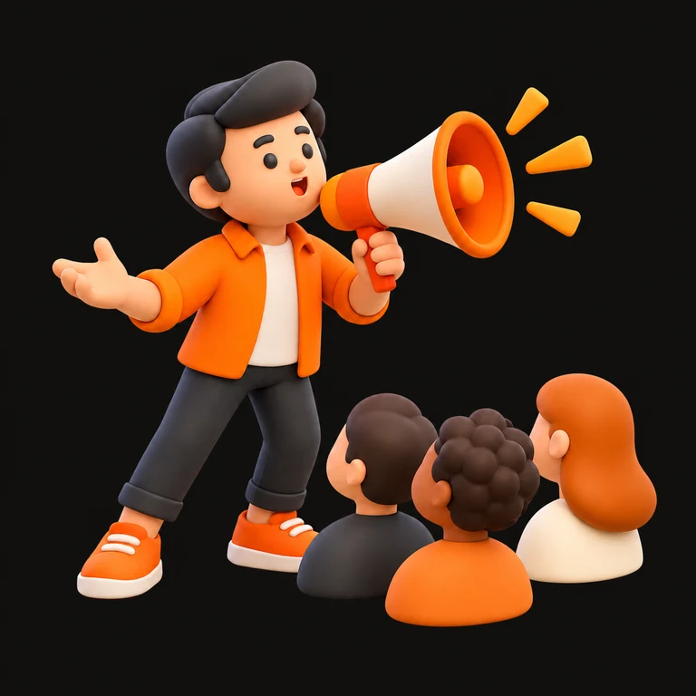 Profesional en 3D con megáfono y objetivo publicitario